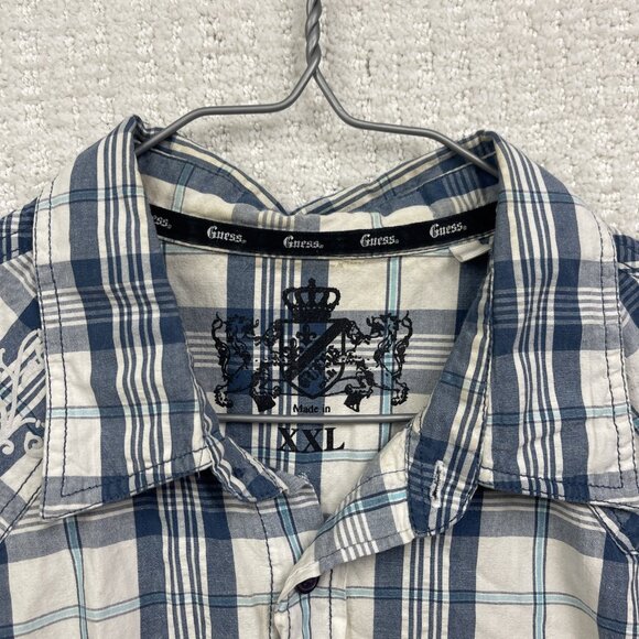Y2K Guess Shirt Mens XXL Blue Plaid Grunge Button Up Distressed Punk lily flower - Picture 5 of 13